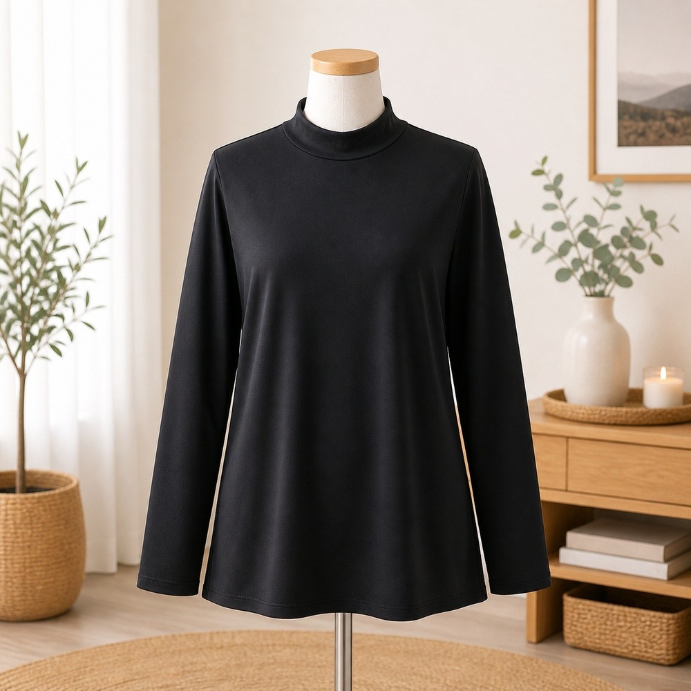 Susan‎ Graver Liquid Knit Mock Neck Top Black 3/4 Sleeve Womens XS